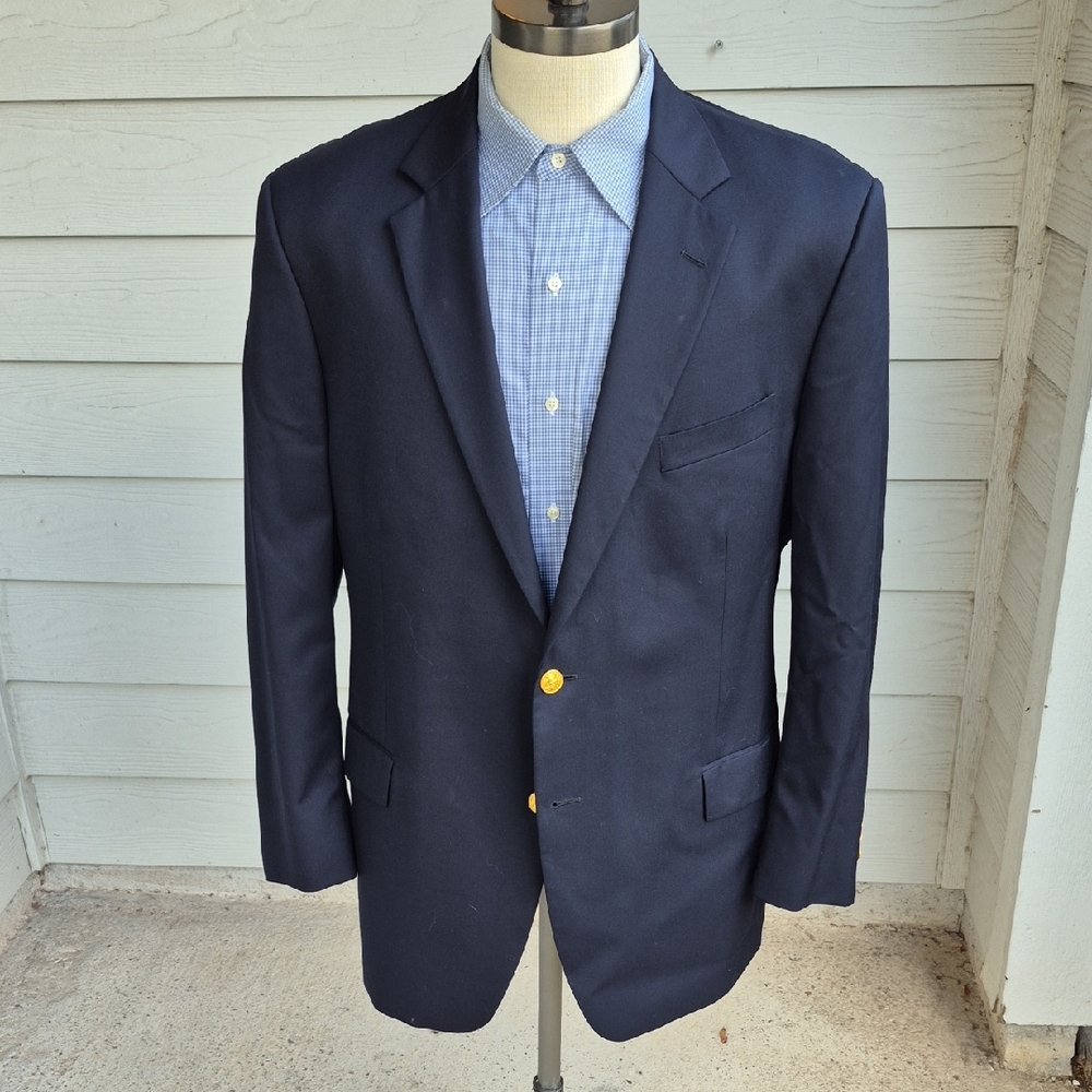BROOKS BROTHERS Madison Fit Dark Navy Gold Btns Wool 46 R Mens Sport Coat Blazer